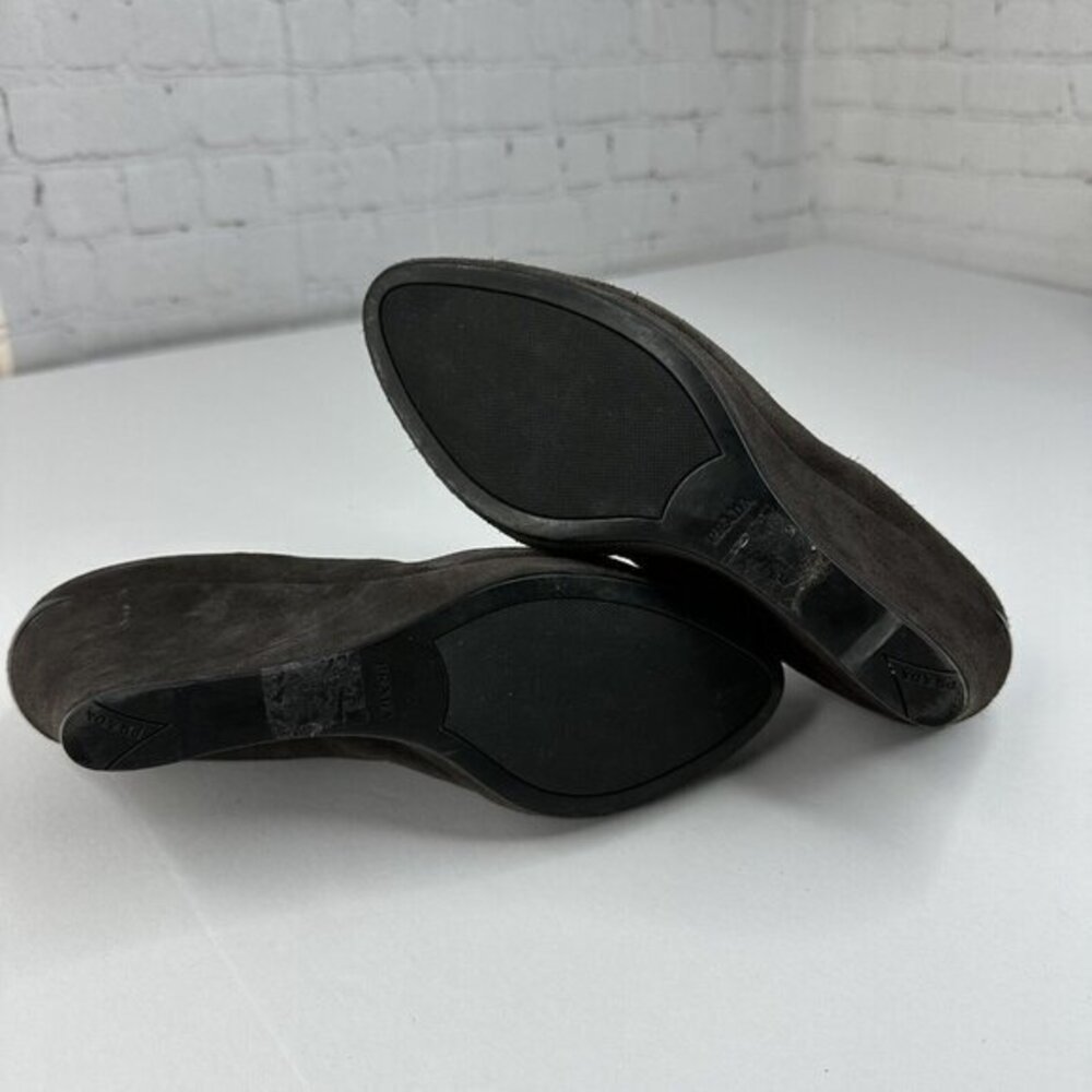 Prada Linea Rossa Dark Gray Suede Mary Jane Wedge Shoes 37.5 Womens - Picture 9 of 17